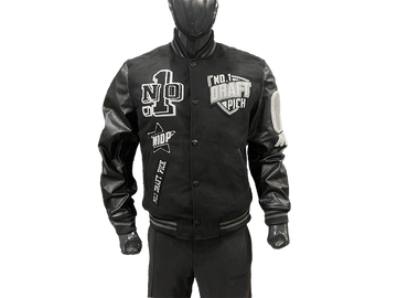 N1DPVSJ-4000-N1DP VARSITY (RAIDERS BLACK/BLACK WOOL BODY-LAMB SKIN LEATHER SLEEVE)