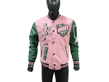 N1DPVSJ-4000-N1DP VARSITY (ALPHA KAPPA PINK/GREEN) WOOL BODY-LAMB SKIN LEATHER SLEEVE