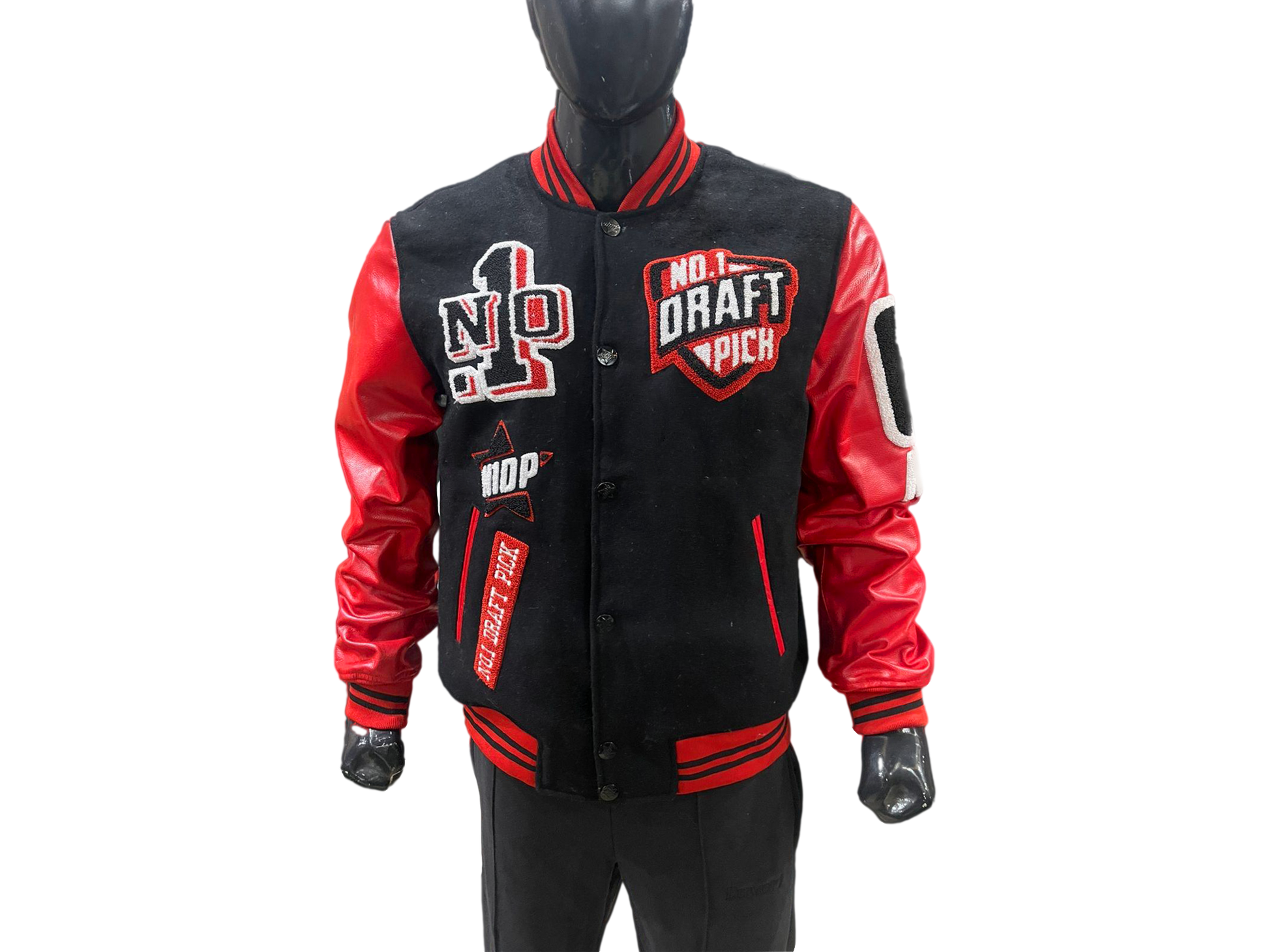 Unisex varsity jacket with black/red wool body, lambskin leather sleeves, and Chicago-ATL embroidery – luxury streetwear outerwear with snap-button front